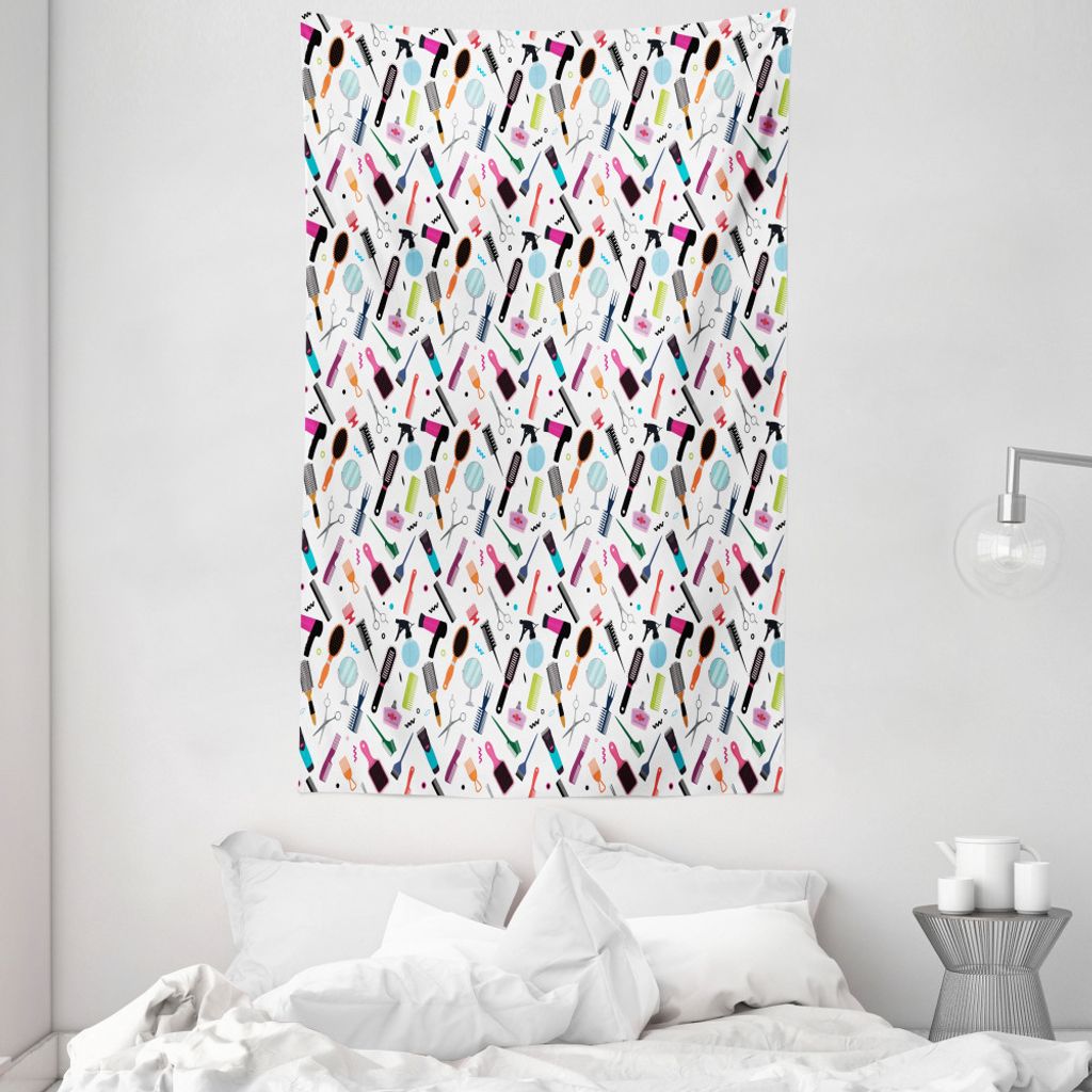 ABAKUHAUS Friseur Wandteppich und Tagesdecke, Haarbürsten und Kämme aus Weiches Mikrofaser Stoff Waschbar ohne Verblassen Digitaldruck, 140 x 230...