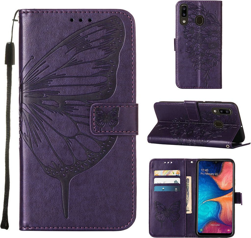 Galaxy A20 Hülle, Schmetterling Prägung Flip Leder Kartenfächer Schutzhülle Ledertasche mit Ständer für Samsung Galaxy A20 / A30 Lila