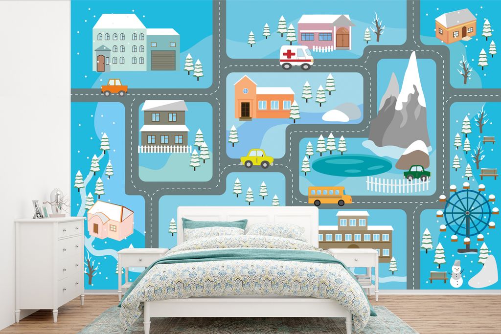 MuchoWow Fototapete für Wohnzimmer oder Schlafzimmer Wandtapete Vinyl Motivtapete Krankenwagen - Schnee - Berge - Blau - 420x280 cm - Zimmer fü...