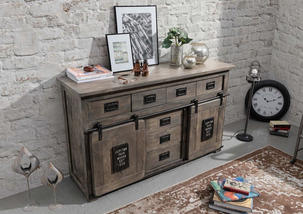 MASSIVMOEBEL24 Sideboard Mango 150x45x90 grau lackiert RAILWAY #219