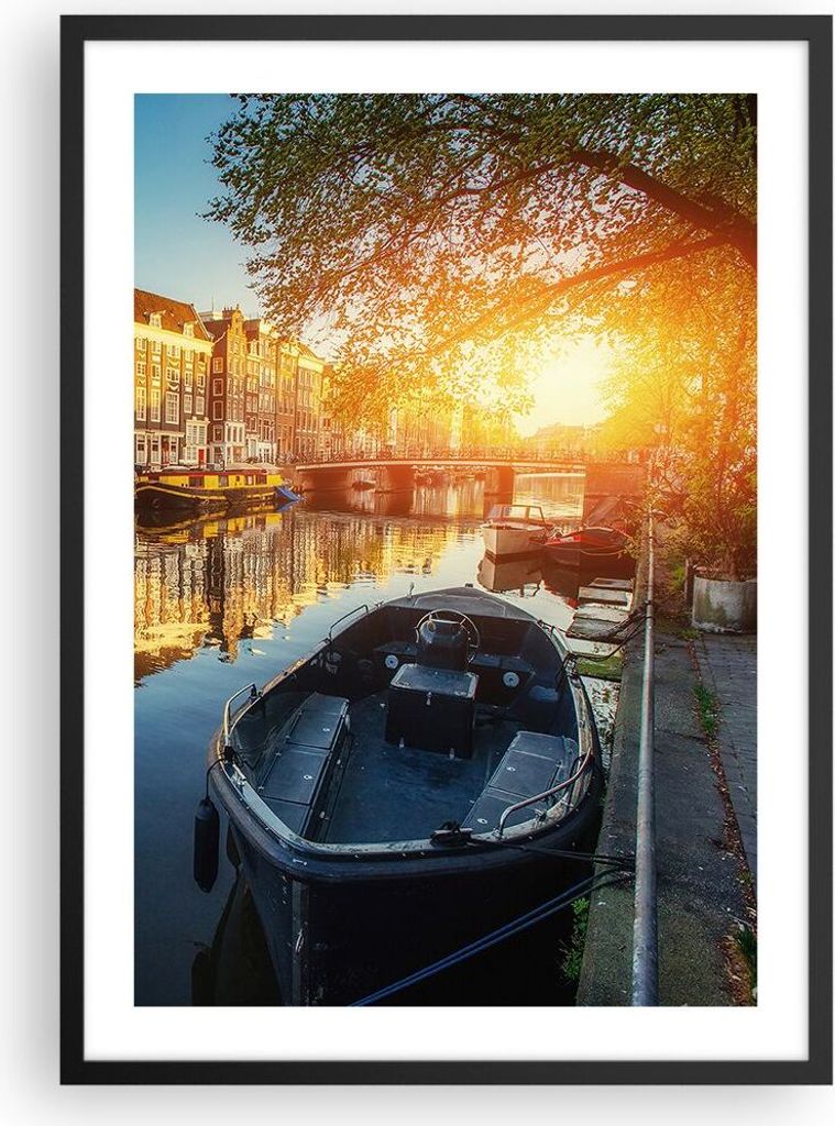 Gerahmtes Poster - Schwarzer Rahmen - Kanal Boot Amsterdam Wasser - 50x70 cm - Wand Bild - Wanddeko - Wandbilder - Wandposter - Bilderrahmen - Bild...