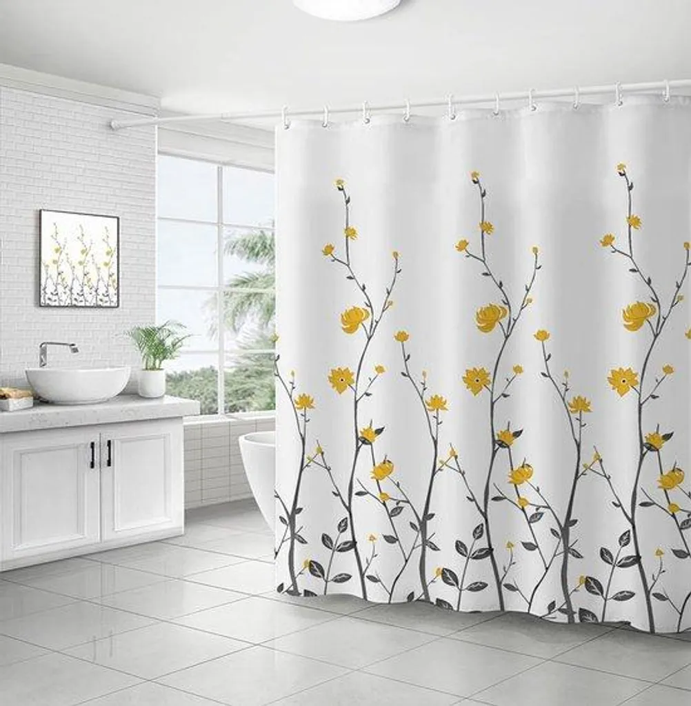 Rideau de douche 200x200 cm imperméable à motif petites fleurs jaunes