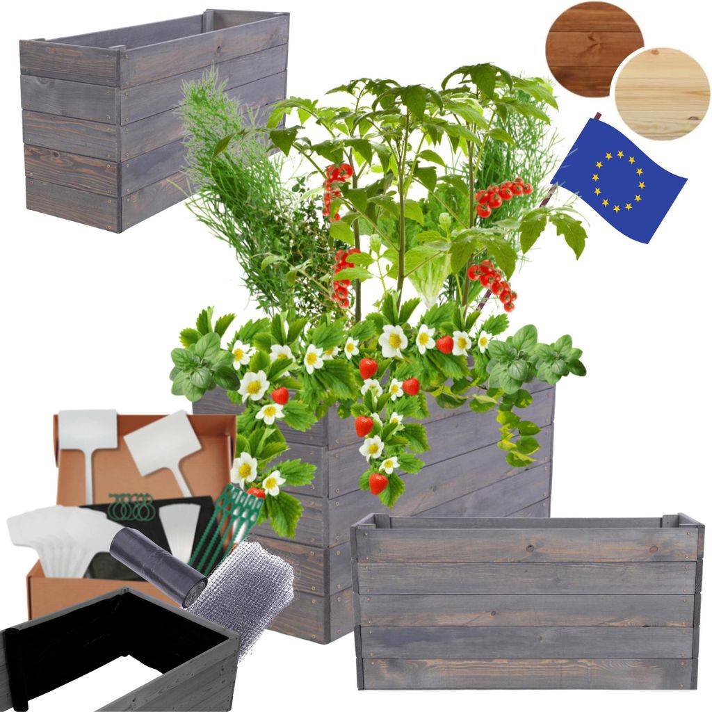 MODO24 Hochbeet Holz, Pflanzkasten, Massivholz, Kiefer, Kräuterbeet, Blumenkasten, Garten, Terrasse, 45x93x30 cm, Grau, ZP06