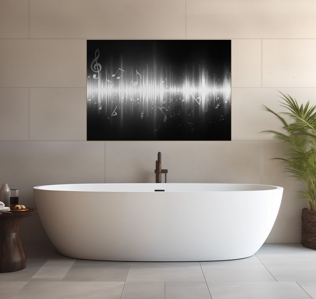 Wallario wasserfestes Poster selbstklebend 70 x 100 cm, Noten der Musik in schwarz und weiß, Badezimmerposter Spritzschutz mit Hochglanzoberfläch...