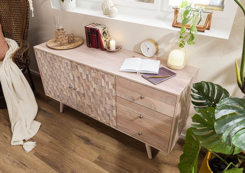 MASSIVMOEBEL24 Sideboard Akazie 145x42x75 weiß lackiert MOSAYK #206