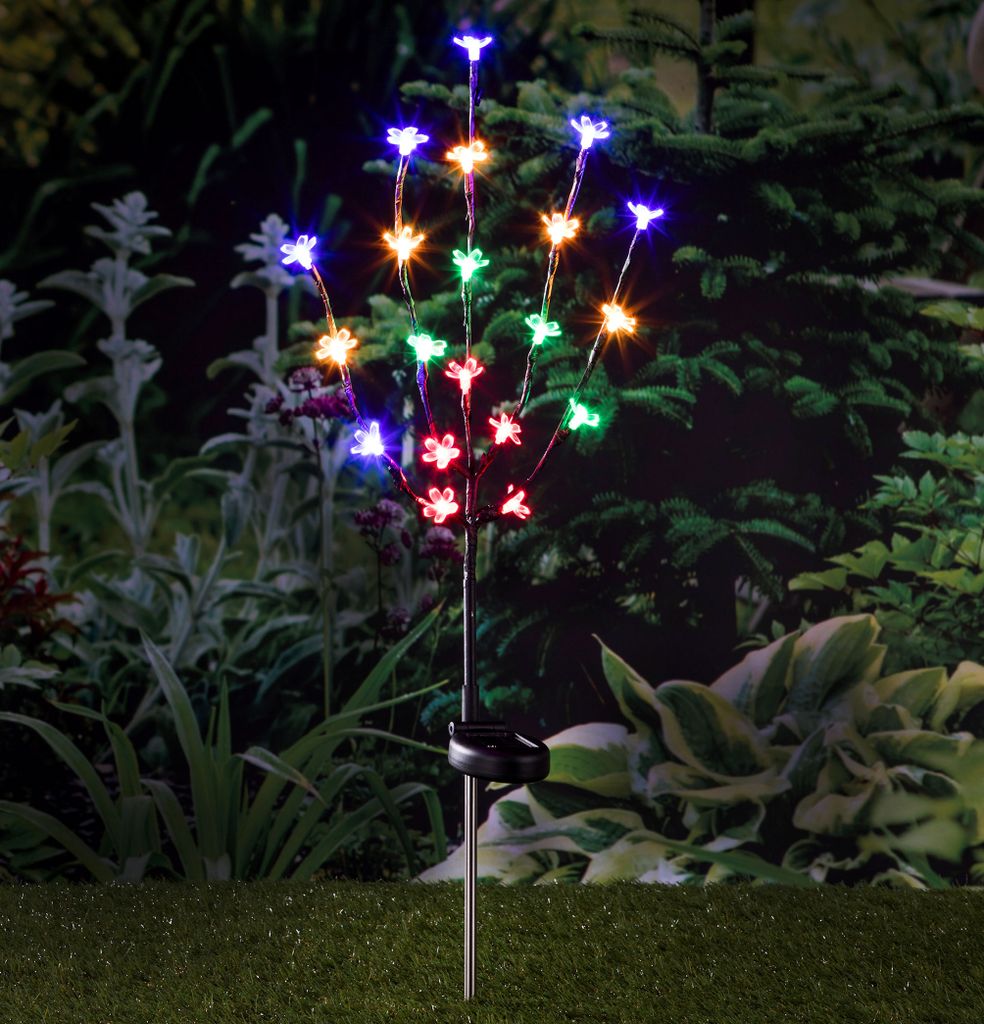 LED Solar Kirschblüten Stecker - 80 cm - Deko Garten Beleuchtung mit 20 bunten LED - Deko Blüten Leucht Stab Balkon Terrasse