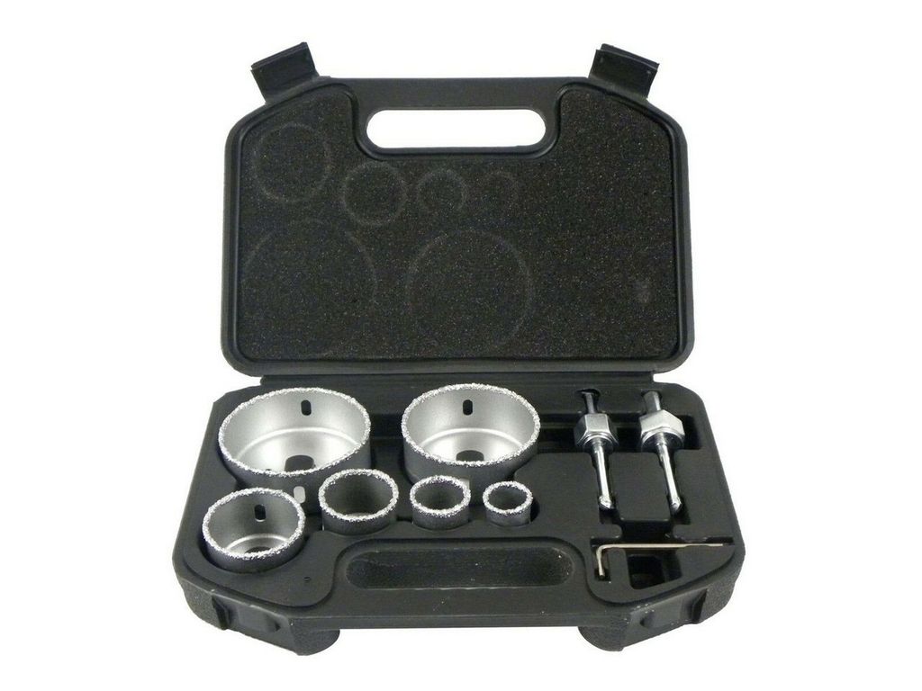 Präzisions-Wolframkarbid-Lochsägen-Set 6-teilig, Durchmesser 22-73mm, ideal für Gipskarton und Fliesen, inklusive Halter und Schraubenschlüssel