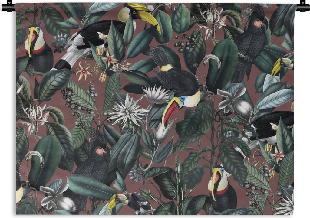 MuchoWow Wandteppich Wandbehang Blumen - Tukan - Blätter 90x67.5 cm Tapisserie Dekoration Wandtuch - Fototeppich - Wand-Skulpturen