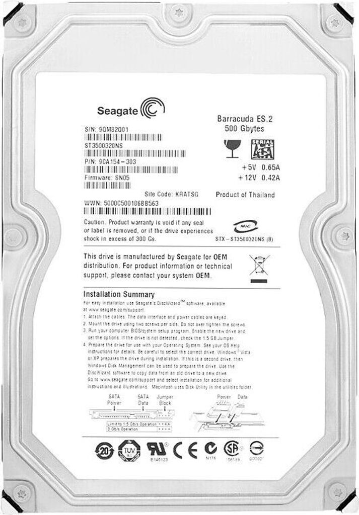Festplatte Seagate 500Gb ST3500320NS 32Mb Cache 7200Rpn Sata II 3,5" Zoll