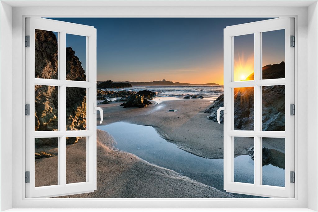 Wallario Wandbild aus Acryl, 60 x 90 cm, freischwebende Optik - Sonnenuntergang hinter einem Felsen am Strand mit Fenster-Illusion