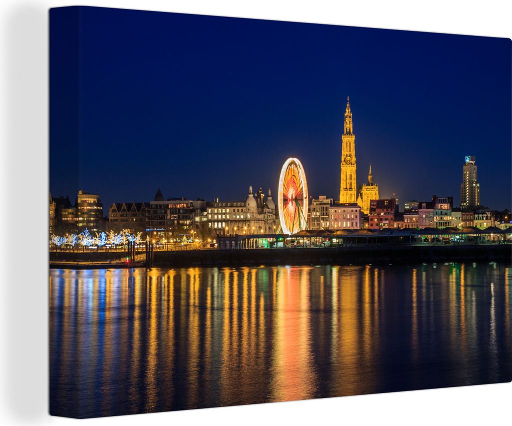 OneMillionCanvasses - Leinwandbilder - 140x90 cm, Skyline - Antwerpen - Nacht, Wandbilder Kunstdruck Wanddekoration - Foto auf Leinwand - Gemäld...