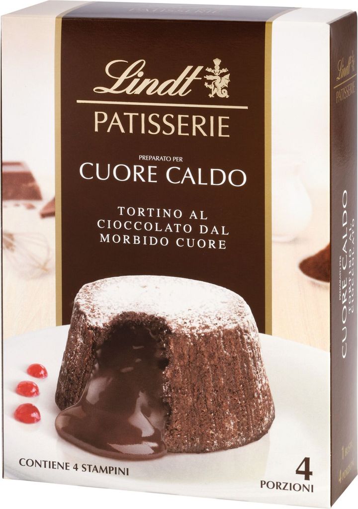 A box of Lindt Patisserie Cuore Caldo lava cake mix, showing a picture of the finished product.