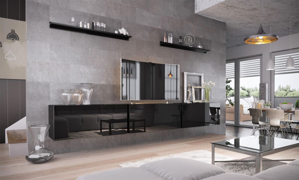 Wohnwand Borneo FMB6 – schwarz – ohne LED-Beleuchtung, modern, hochglänzend.