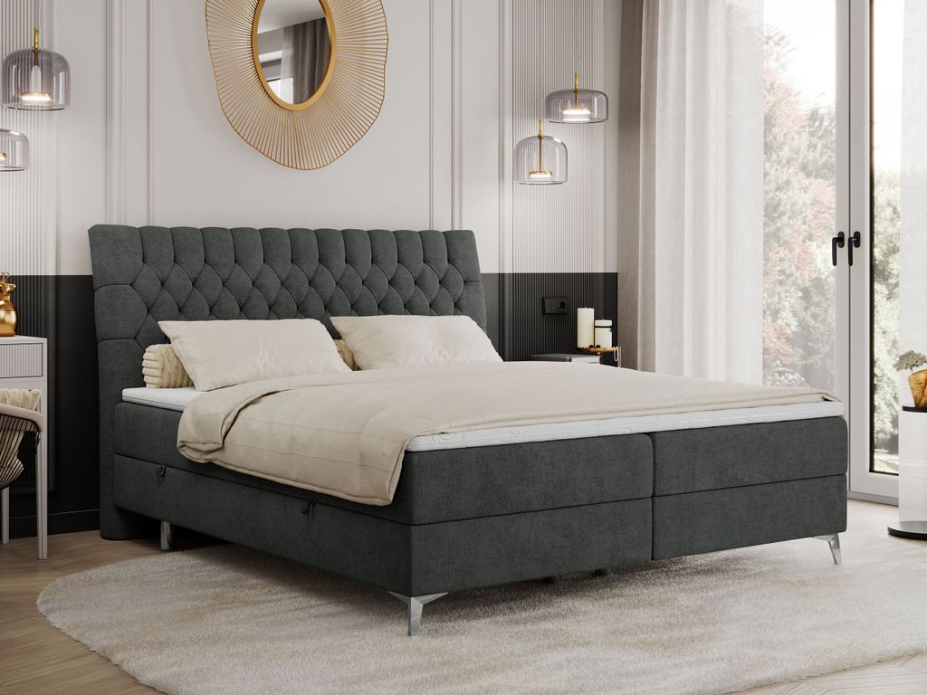 Boxspringbett 160x200 mit 2 Bettkästen Matratze und Topper, Polsterbett 160x200, Bett 160x200 - MILEN - 160x200 cm - Dunkelgrau - Struktur - H3