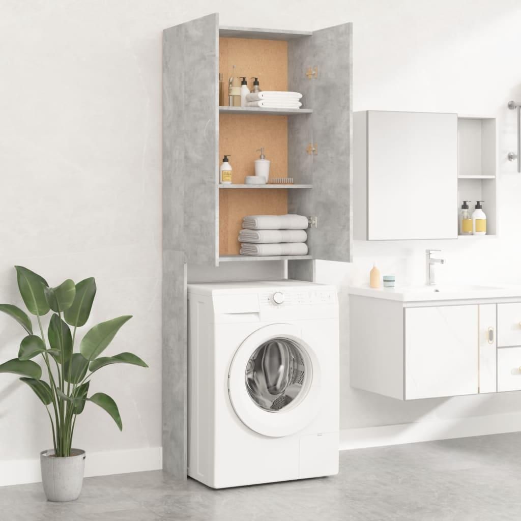 A bathroom scene with a washing machine and a tall cabinet.