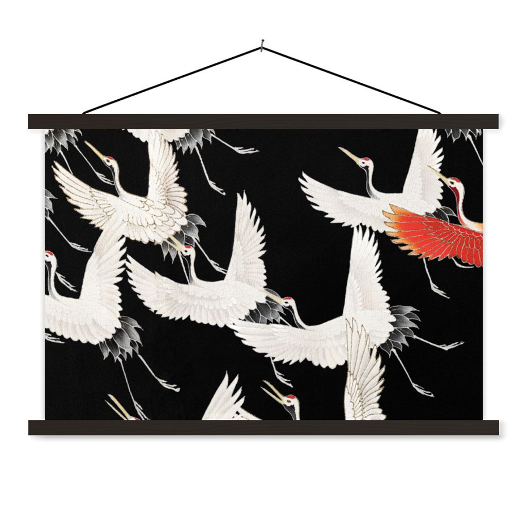 MuchoWow Textilposter Kranich - Rot - Weiß - Japandi 90x60 cm mit schwarzem Rahmen - Aufhängungssatz