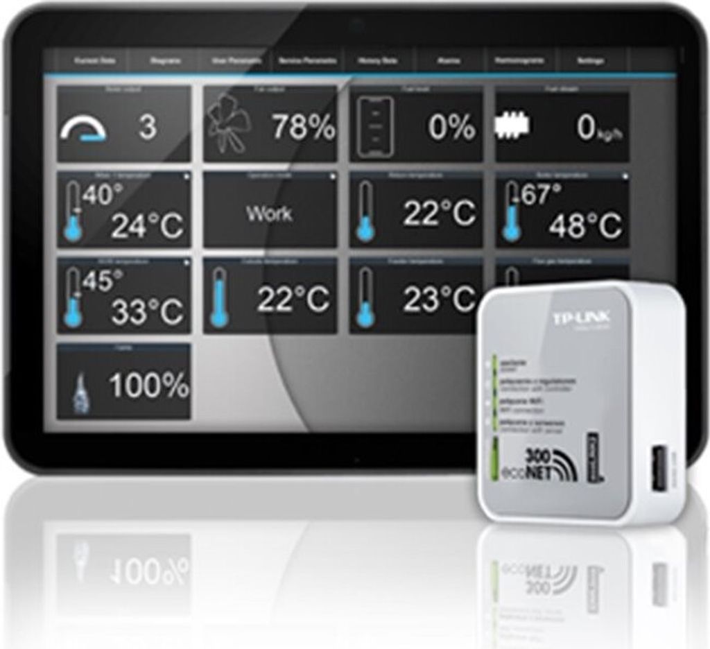 A tablet displaying various sensor readings and a TP-Link Wi-Fi extender.