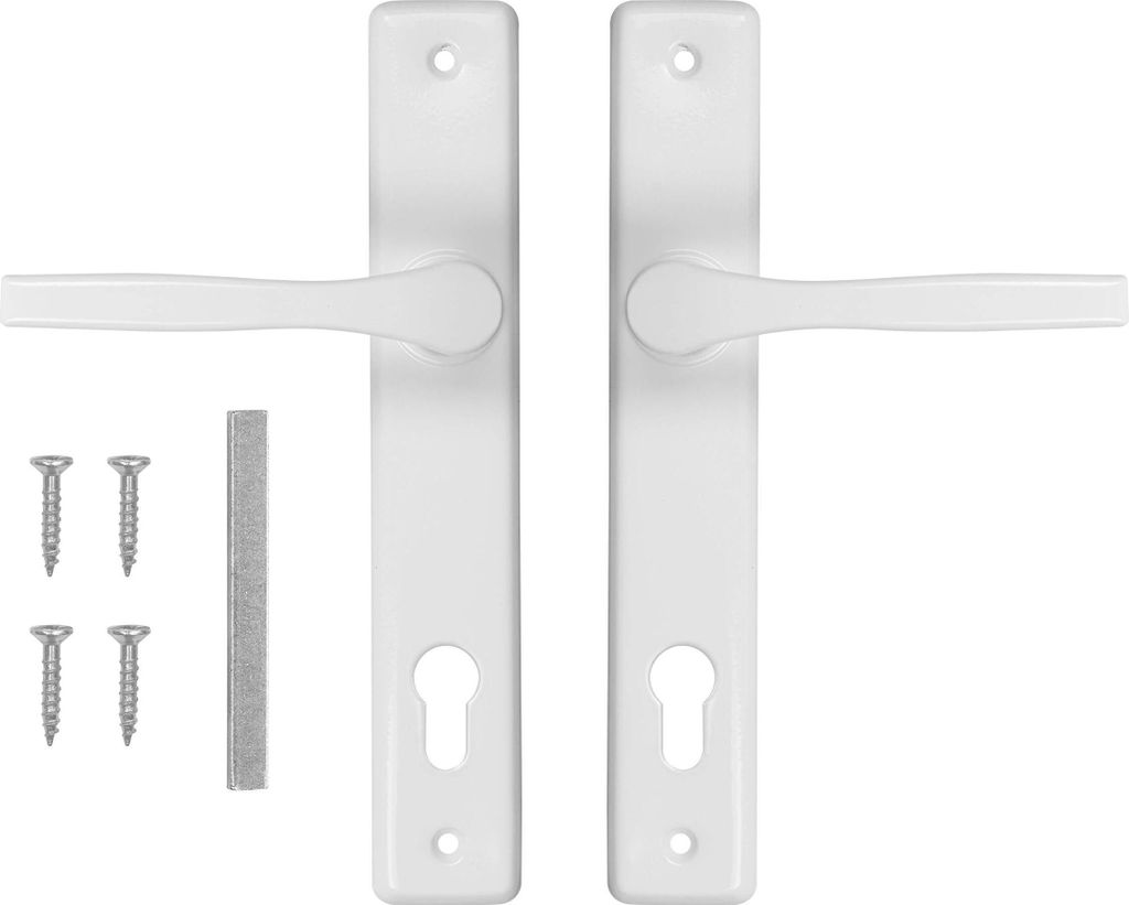 A pair of white door handles with screws and a metal strip on a white background.