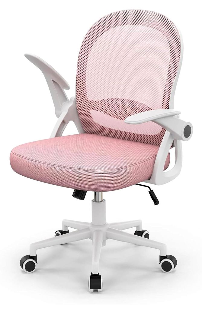Ergonomischer Bürostuhl mit atmungsaktiver Netzbespannung, hochklappbaren Armlehnen, höhenverstellbar, leichter 360° Drehstuhl, Rosa