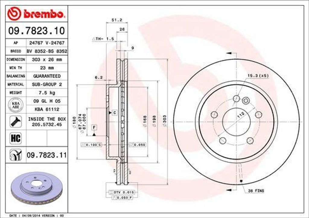 BREMBO 09.7823.11 Bremsscheibe OE 1634210012 kompatibel mit M-Klasse