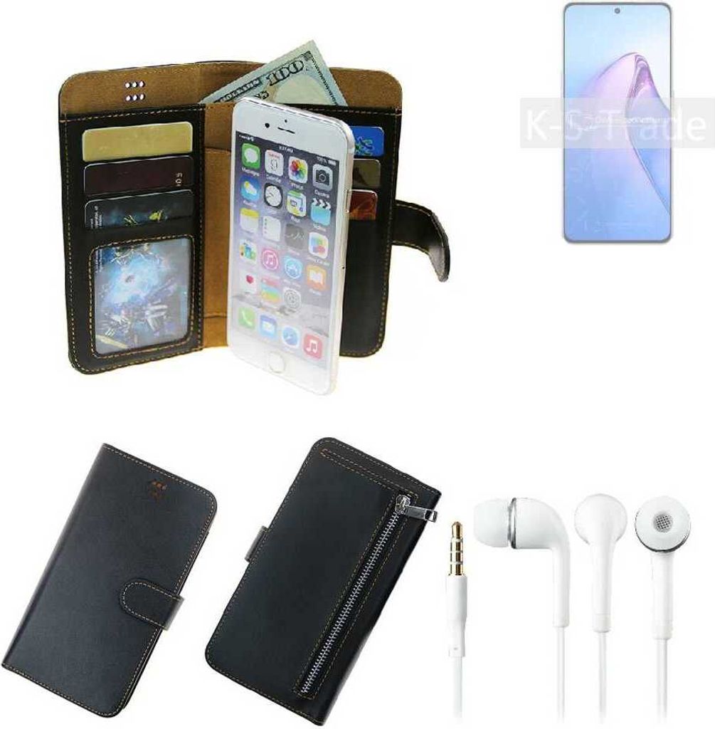 TOP SET Handy Hülle Schutz Hülle kompatibel mit Oppo Reno8 Pro Global schwarz aus Kunstleder + Kopfhörer Smartphone Tasche vollwertige Geldbörse
