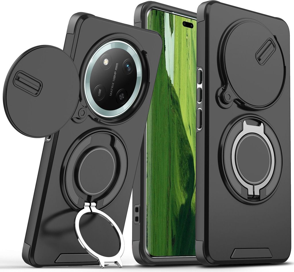 Handyhülle für Honor X9C / Honor Magic7 Lite Dual-Layer Stoßfest Militär Hülle mit Dia Kameraschutz und Magnetisch Ring Ständer Schwarz
