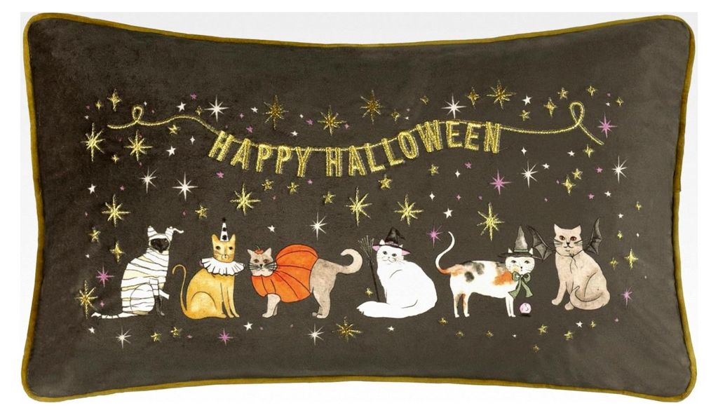 Halloween Kissenbezug – Niedlicher, gruseliger Katzen-Kissenbezug aus besticktem Samt (Mehrfarbig – 30x50cm)