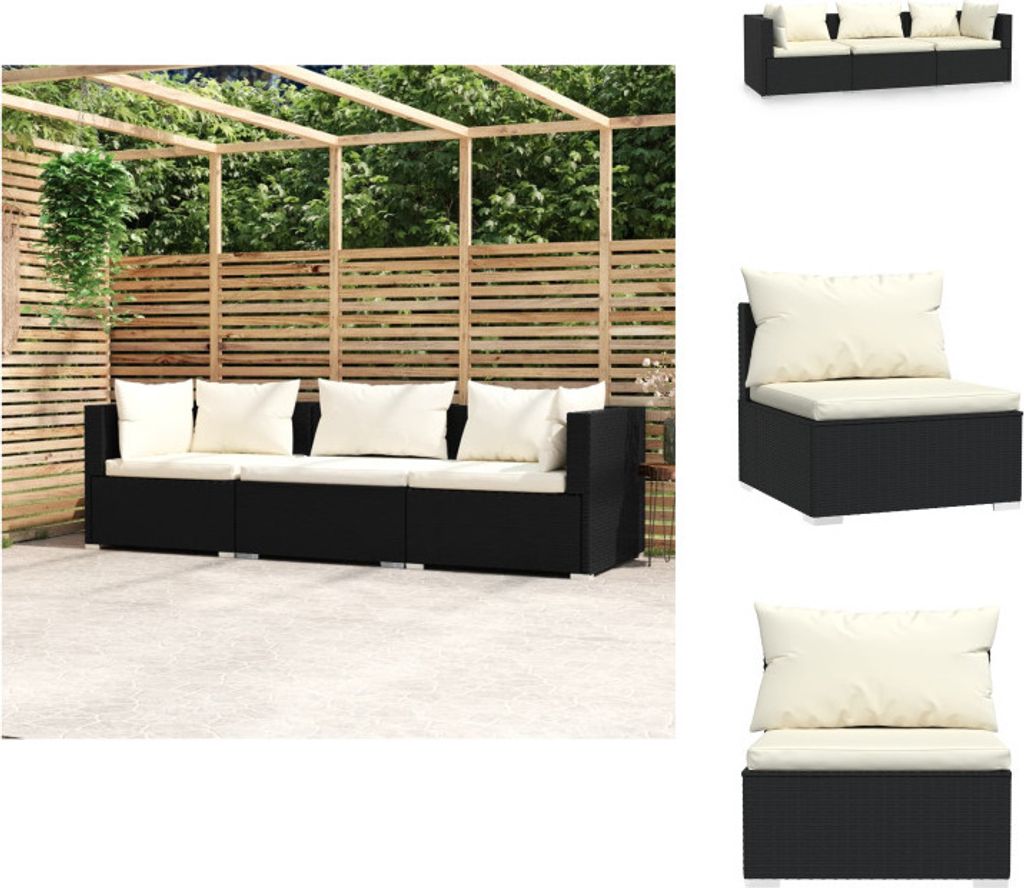 vidaXL 3-Sitzer-Sofa mit Kissen Schwarz Poly Rattan - Gartenmöbel-Sets
