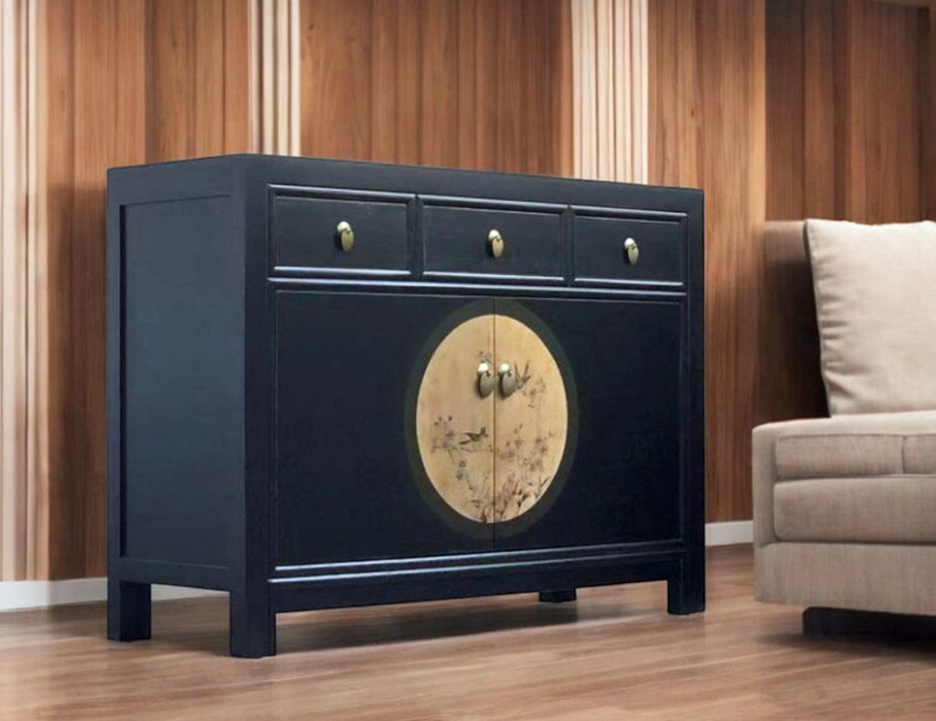 OPIUM OUTLET Kommode Sideboard Schrank Hochzeitsschrank Möbel orientalisch chinesisch asiatisch Büffet Anrichte schwarz-beige Vintage Shabby Chic...