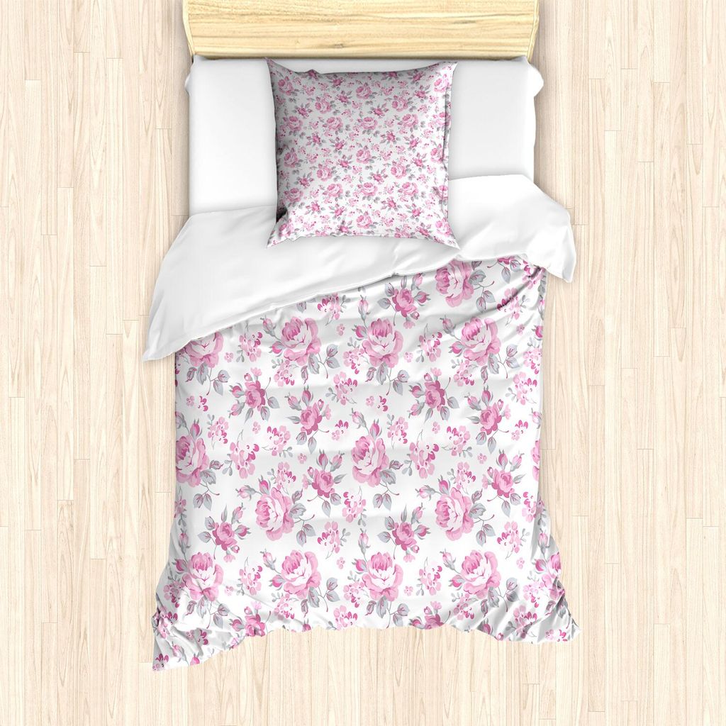 ABAKUHAUS Shabby Flora Bettbezug Set, Rosa Rosen mit Grey Leaves Garten Beetpflanzen Frühling Blüten, 135 x 200 cm + 80 x 80 cm, Pale Pink Weiß ...