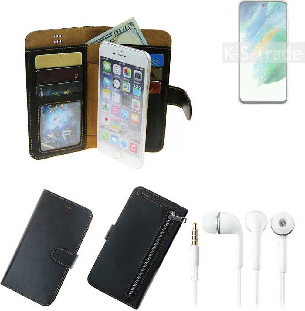 TOP SET Handy Hülle Schutz Hülle kompatibel mit Samsung Galaxy S21 FE SD888 schwarz aus Kunstleder + Kopfhörer Smartphone Tasche vollwertige