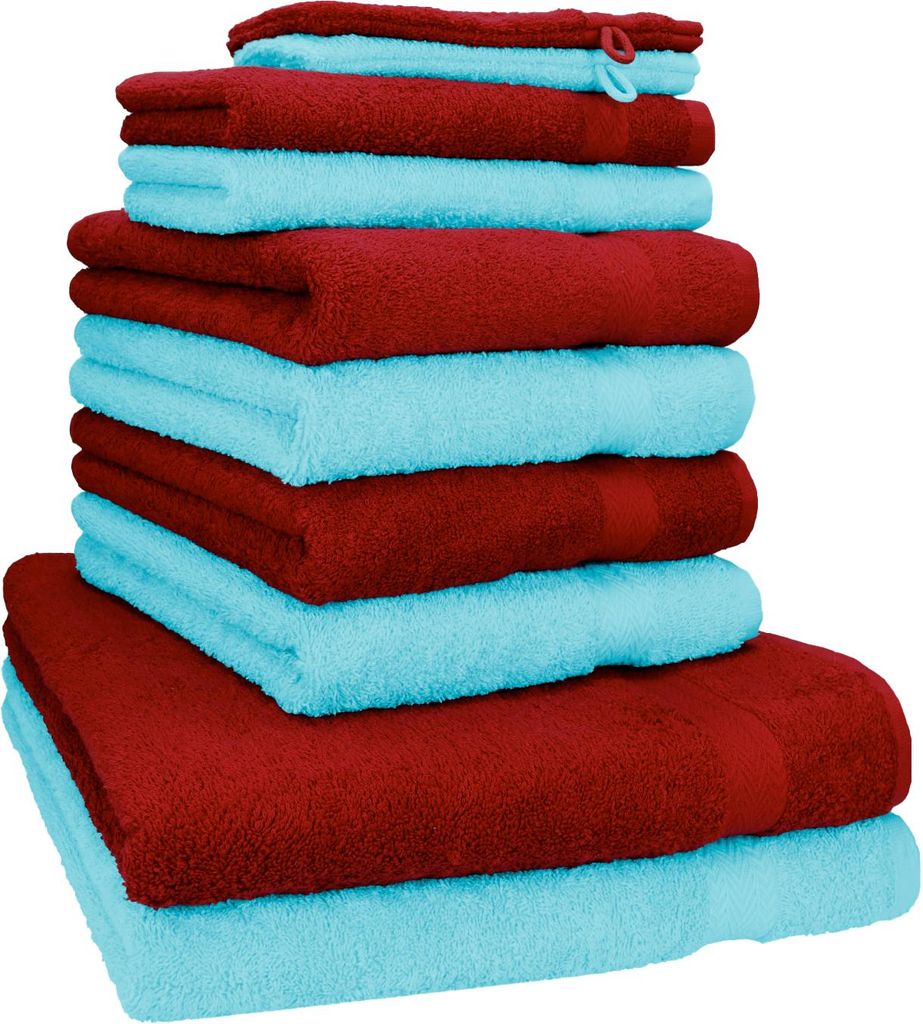 Betz 10-tlg. Handtuch-Set PREMIUM 2 Duschtücher 4 Handtücher 2 Gästetücher 2 Waschhandschuhe Farbe: dunkel rot & türkis