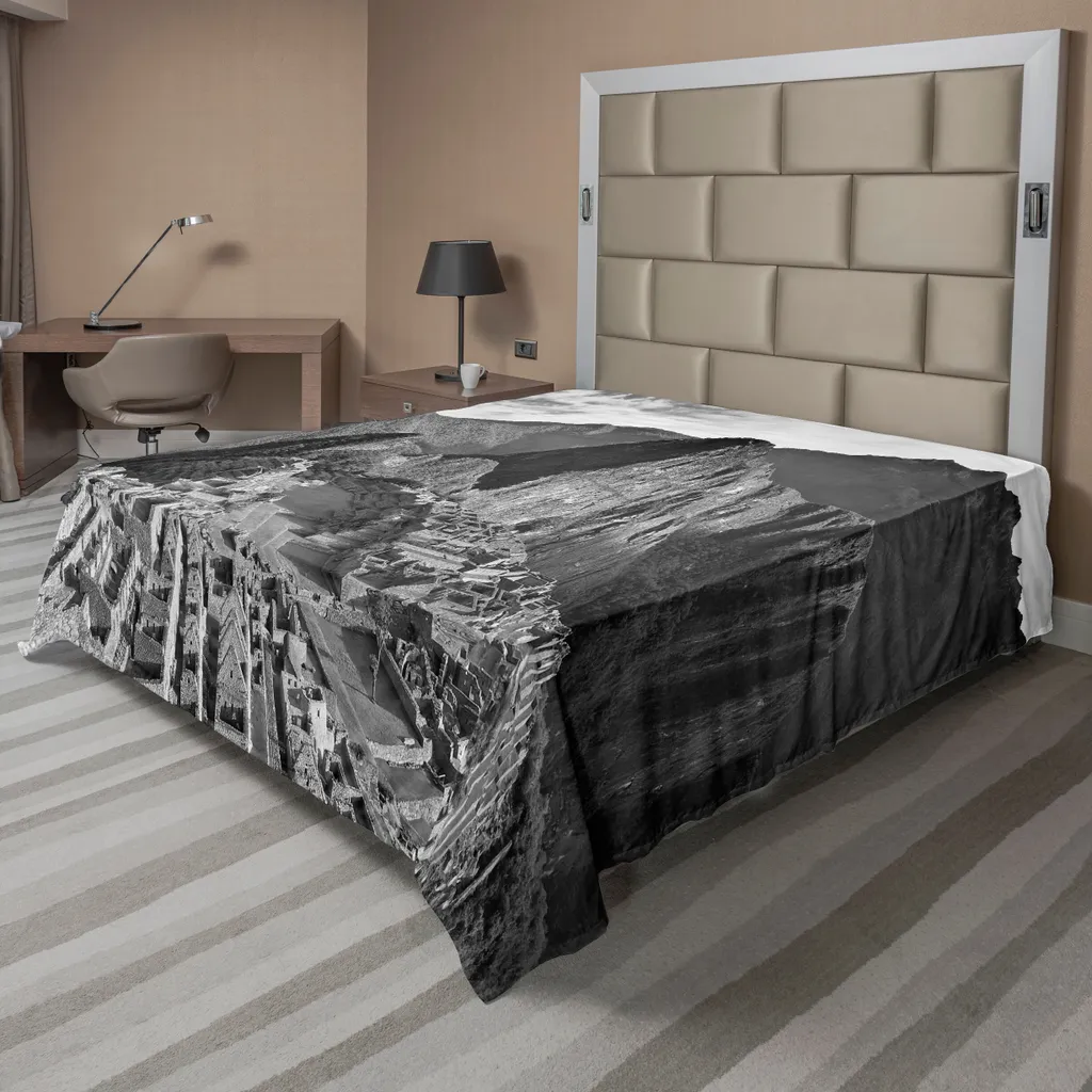ABAKUHAUS Lenzuolo bianco e nero, vista dall'alto Edificio storico Architettura Stampa oraria, lenzuolo morbido e confortevole per un letto decorativo 1 pezzo 266 cm x 260 cm, bianco e nero