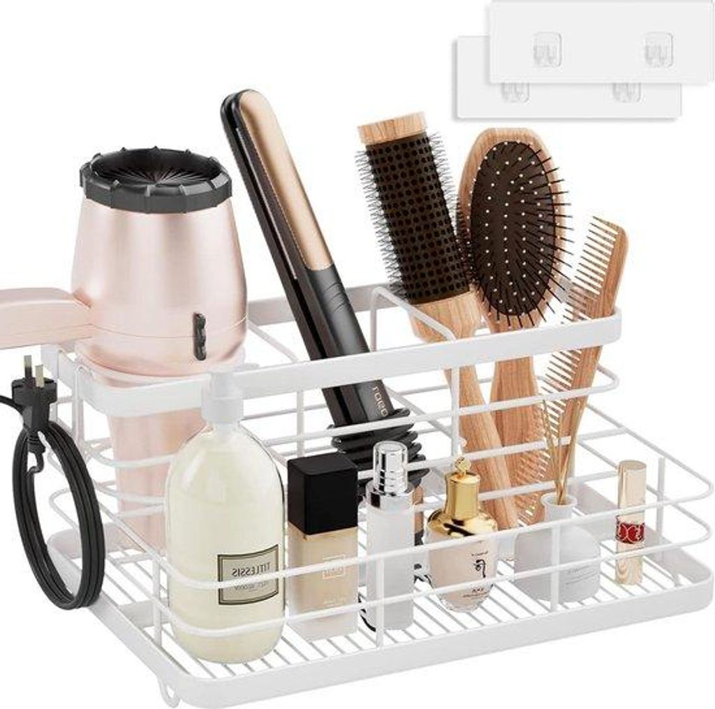 Metallischer Haardrogerhalter Wandbefestigung für Haarstyling-Accessoires - Gegenstände-Organiser für Countertop-Vanity-Badkammer - weiß