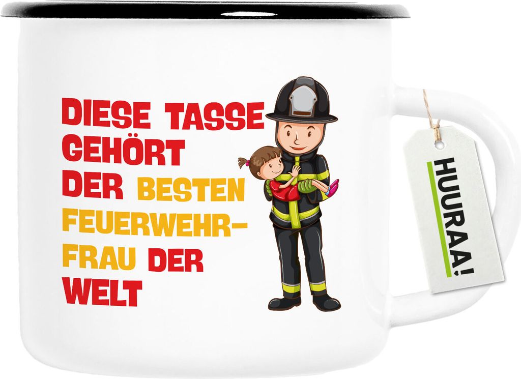 Huuraa Emaille Tasse Tasse gehört der besten Feuerwehrfrau der Welt 300ml Vintage Campingbecher Geschenkidee