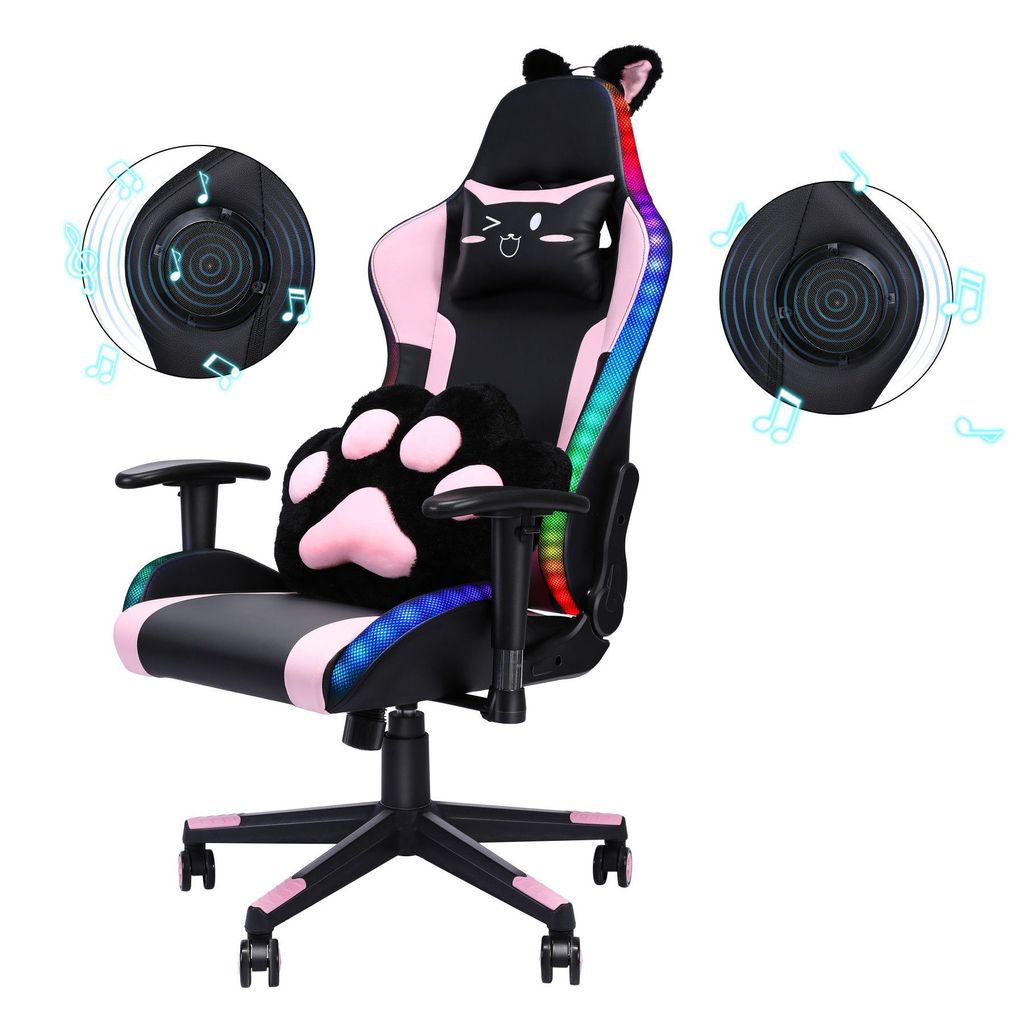 Gaming-Stuhl ergonomisch Gaming Chair Katzenohren , bunte Lichteffekte, Lautsprecher