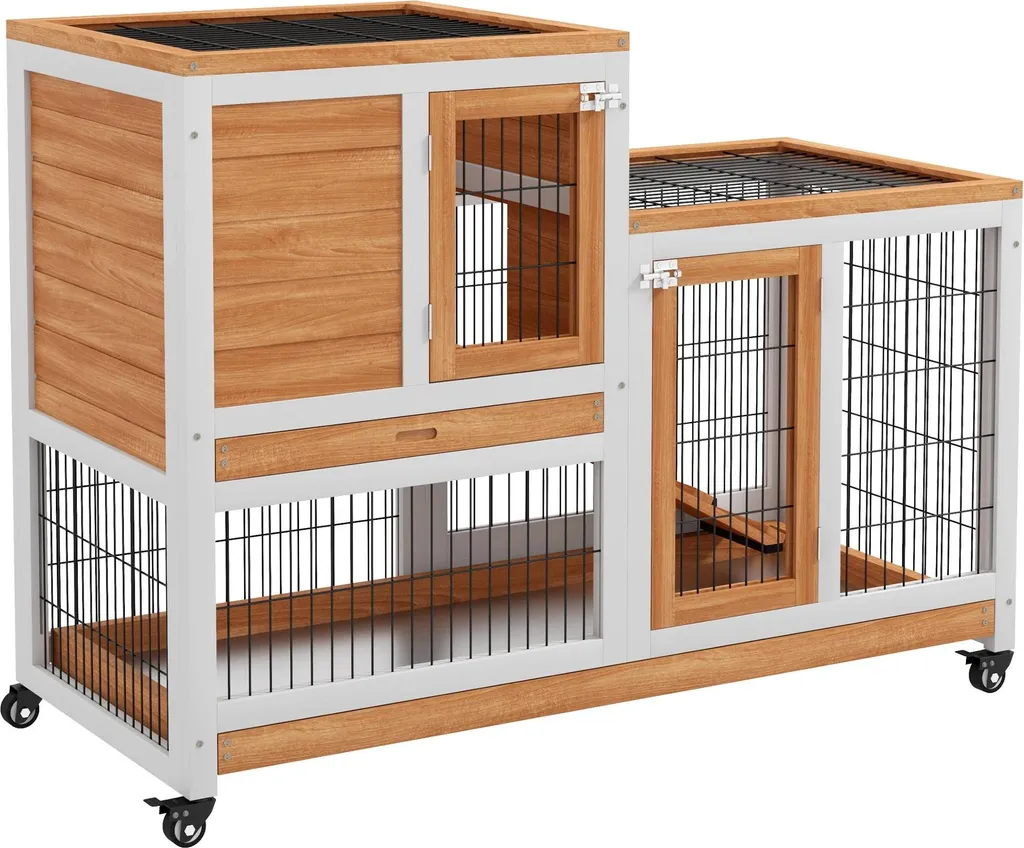 Grand clapier mobile 2 étages en bois avec roulettes et tiroirs amovibles