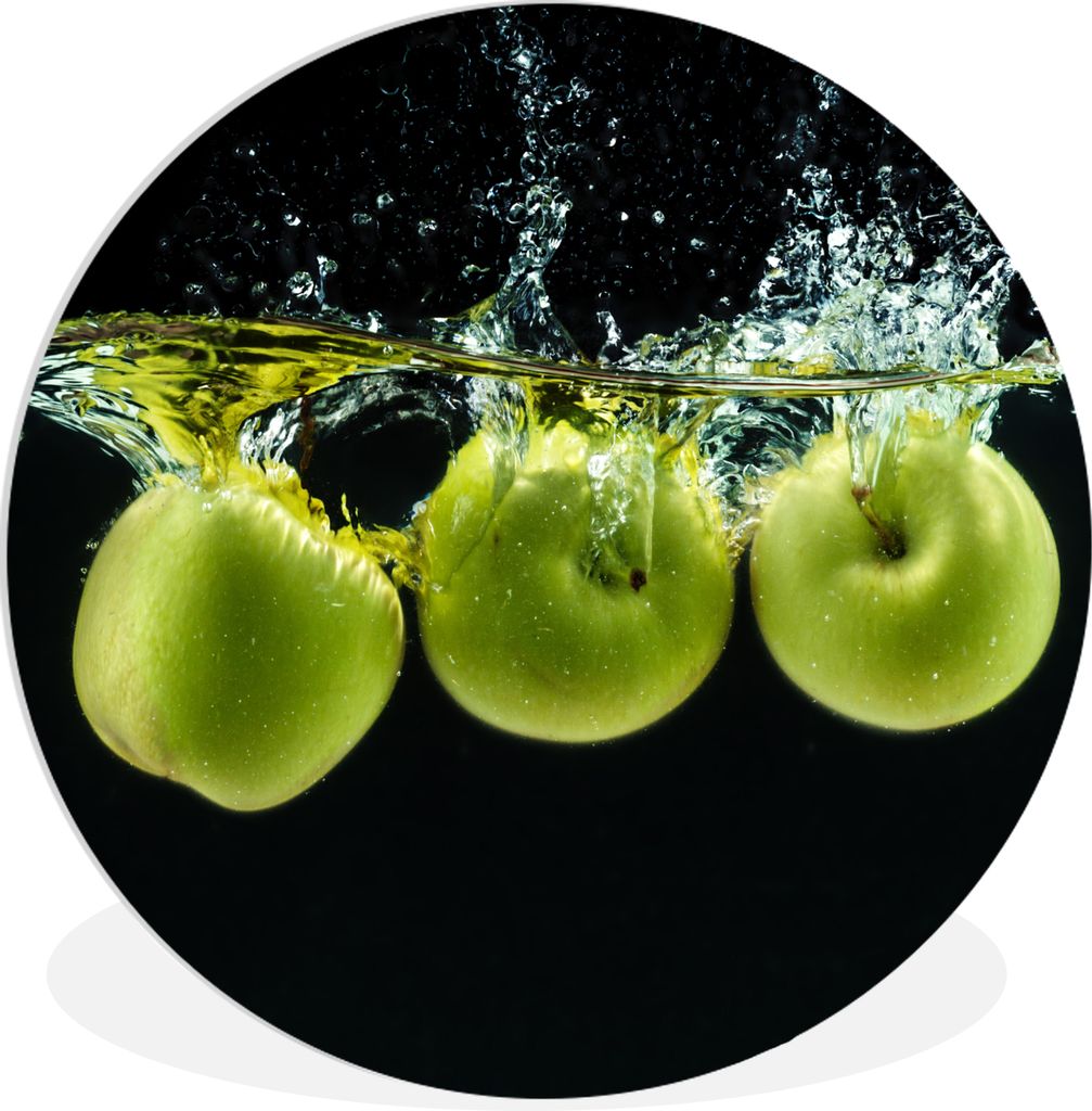MuchoWow Rundes Wandbild - Runde Bilder Äpfel - Obst - Wasser - Schwarz - Grün Ø 30 cm Kreis Wanddekoration Kunststoff - Wandkreis - Wandschmu...