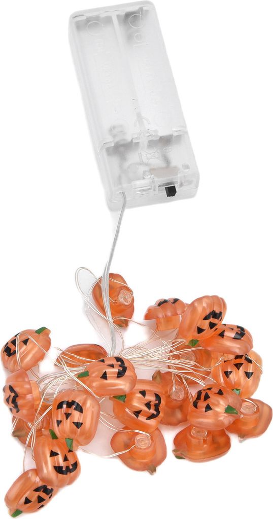 A string of Halloween pumpkin-shaped lights with a battery pack.