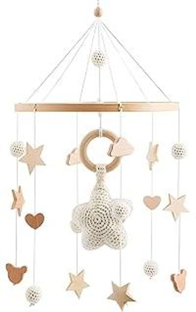 Baby Mobiles Baby Mobile Mit Sternen Wolken Und Bären Aus Holz Geeignet Für Kinderbetten Jungen Und Mädchen (Beige)