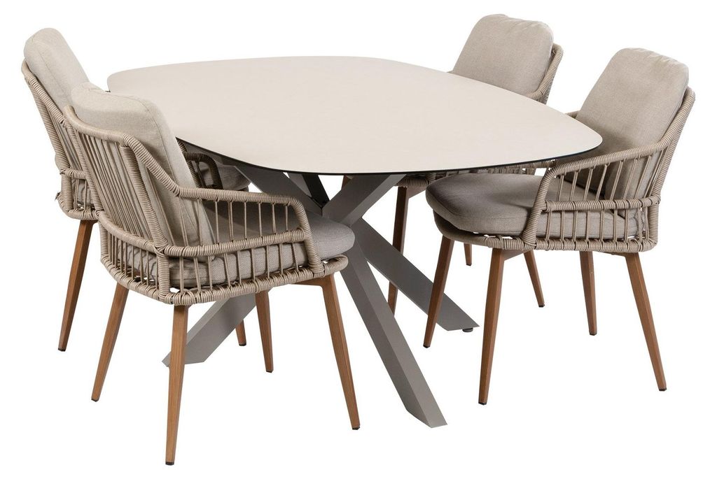 5-teiliges Garten-Set | 4 Isabel Gartenstühle (Sand / Wood) | Malaga Gartentisch 180 x 115 cm (Camel)