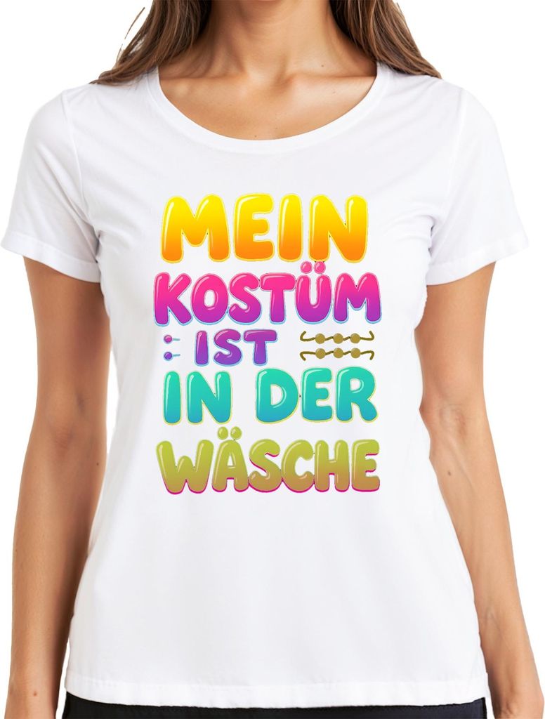 Mein Kostüm ist in der Wäsche lustig Fasching Karneval Geschenk Damen T-Shirt, Weiß, XL