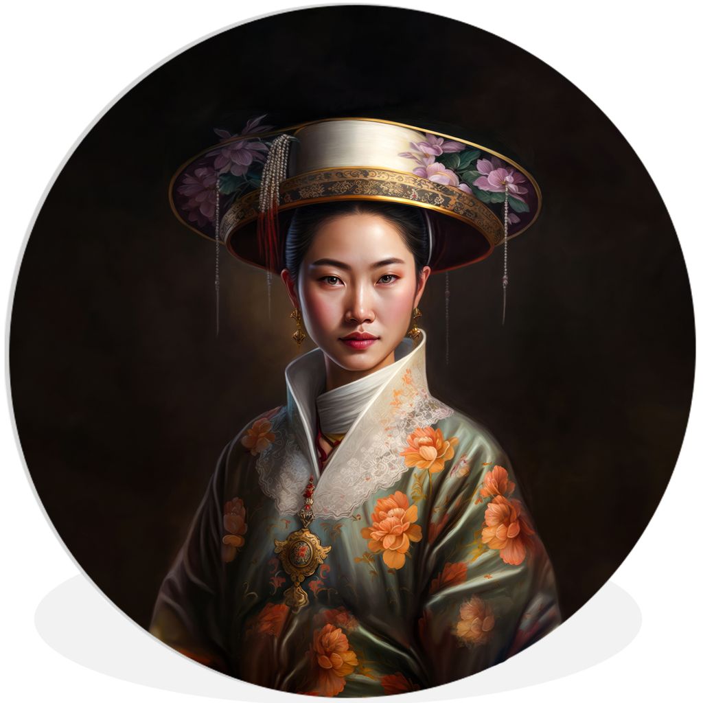 MuchoWow Rundes Wandbild - Runde Bilder Frauen - Asiatisch - Blumen - Porträt Ø 90 cm Kreis Wanddekoration Kunststoff - Wandkreis - Wandschmuck...