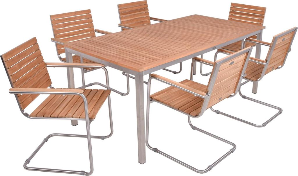 Garten-Sitzgruppe PAUL 7-tlg. Tisch + 6x Freischwinger Braun Teak Silber Edelstahl | Gartenmöbel-Set Gartengarnitur Garten-Essgruppe mit Stühlen ...