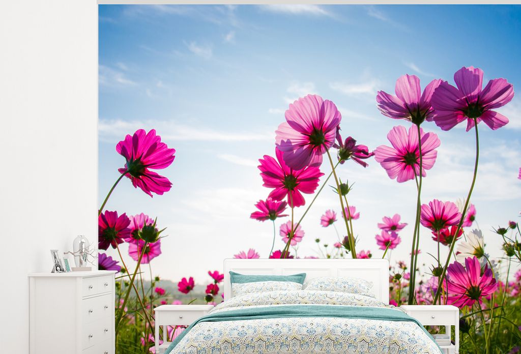 MuchoWow Fototapete für Wohnzimmer oder Schlafzimmer Wandtapete Vinyl Motivtapete Blumen - Rosa - Cosmea - 275x220 cm - Gemustert