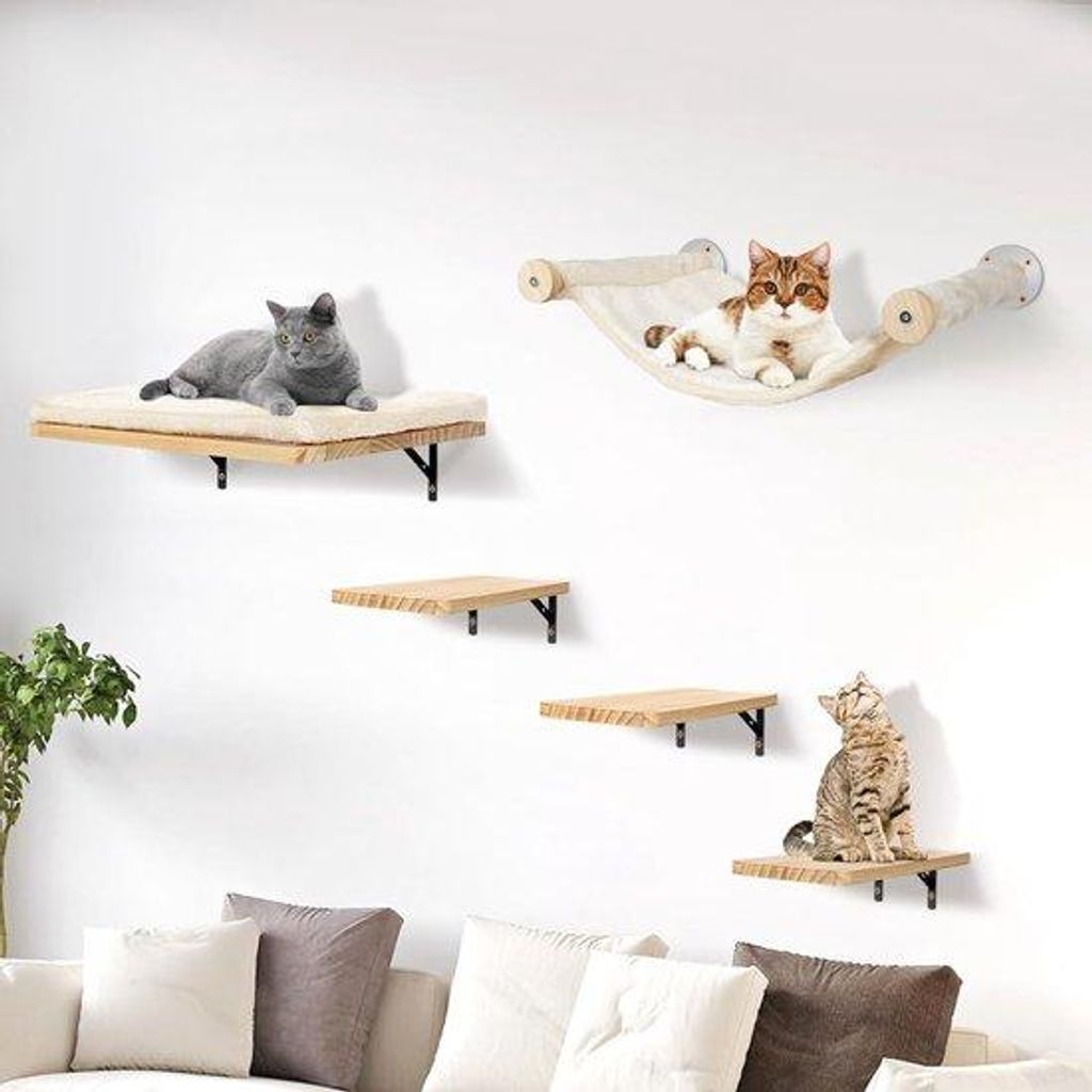 Famanu Katzenbaum mit Hängematte und Treppen - 5-teiliges Set aus massivem Holz