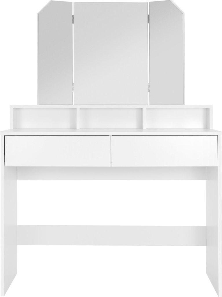 A white vanity table with a tri-fold mirror and two drawers, set against a white background.
