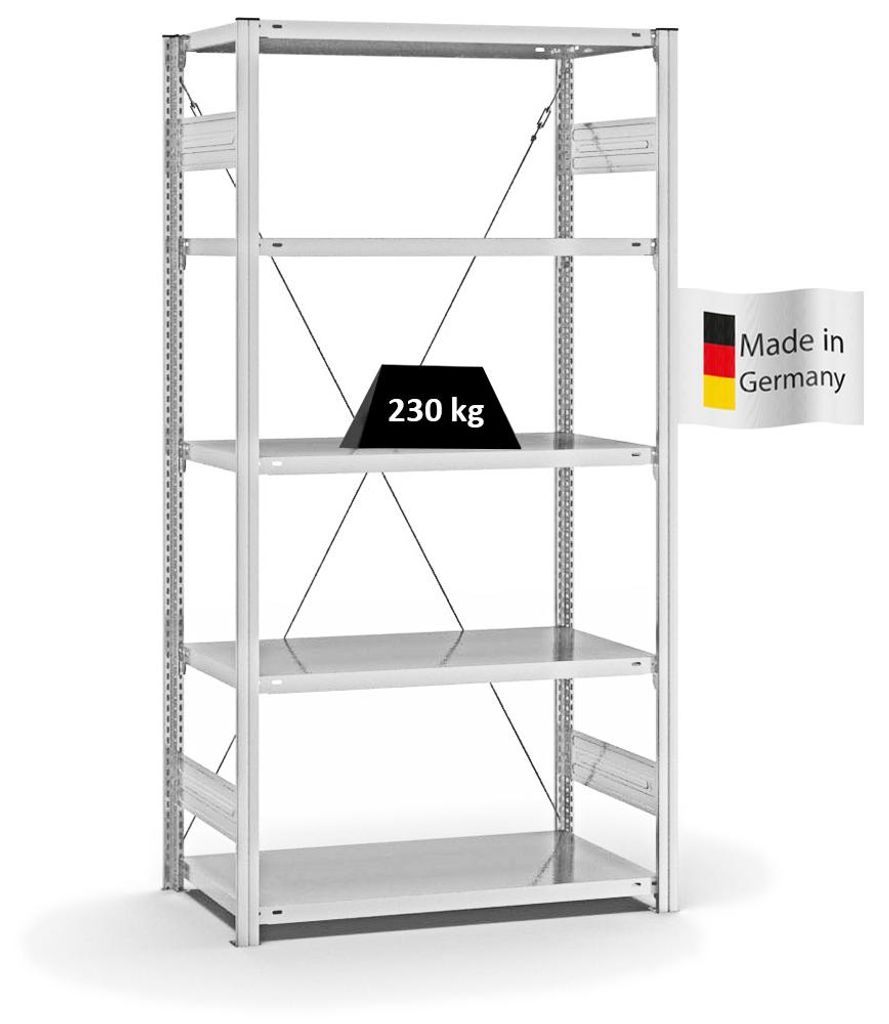 PROREGAL Fachbodenregal Stecksystem MAGNUS Germany | HxBxT 200x100x50cm | 5 Ebenen | Fachlast 230 kg | Einseitig nutzbar | Lichtgrau