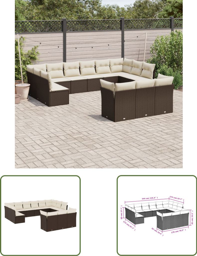 The Living Store 13-tlg. Garten-Sofagarnitur mit Kissen Braun Poly Rattan