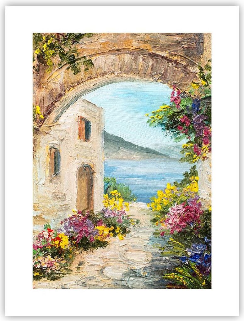 Poster - Poster ohne Rahmen - Haus Santorini Blumen - 30x40 cm - Wand Bild - Wanddeko - Wandbilder - Kunstposter - Wandposter - Bilder - Kunstdruck...